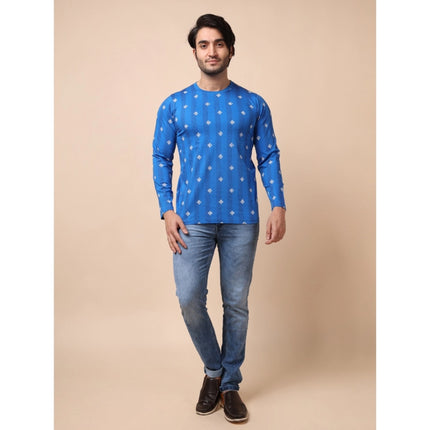 Rosolly Men's Casual Cotton Printed Round Neck Full Sleeve T-Shirt (Blue)