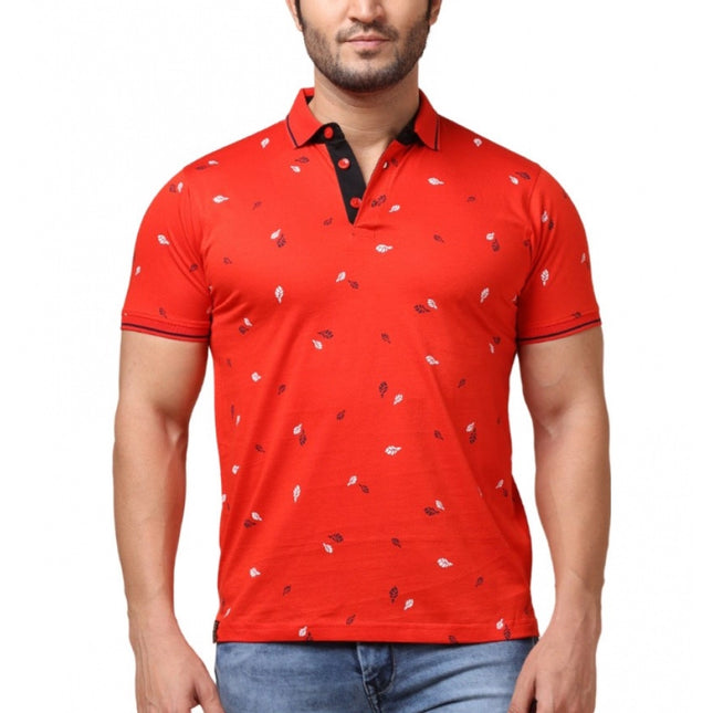 Rosolly Men's Casual Cotton Printed Polo Neck Half Sleeve T-Shirt (Red)