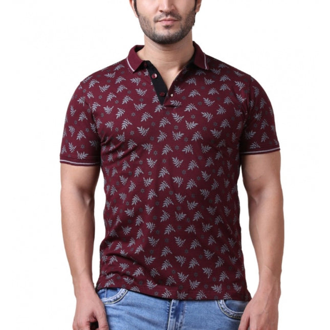 Rosolly Men's Casual Cotton Printed Polo Neck Half Sleeve T-Shirt (Plum)