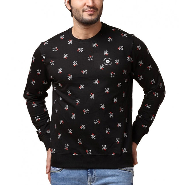 Rosolly Men's Casual Cotton Printed Round Neck Full Sleeve Sweat Shirt (Black)