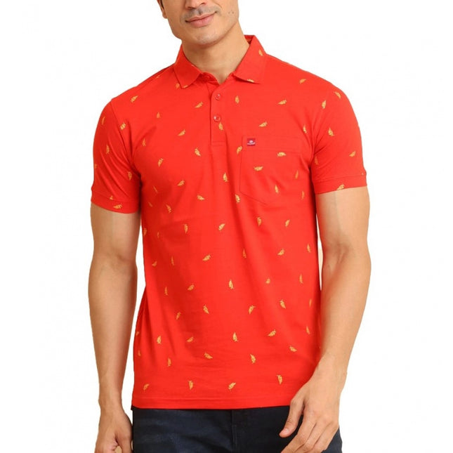 Rosolly Men's Casual Cotton Printed Polo Neck Half Sleeve T-Shirt (Red)