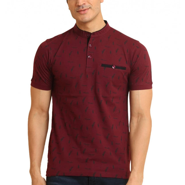 Rosolly Men's Casual Cotton Printed Mandarin Collar Half Sleeve T-Shirt (Plum)
