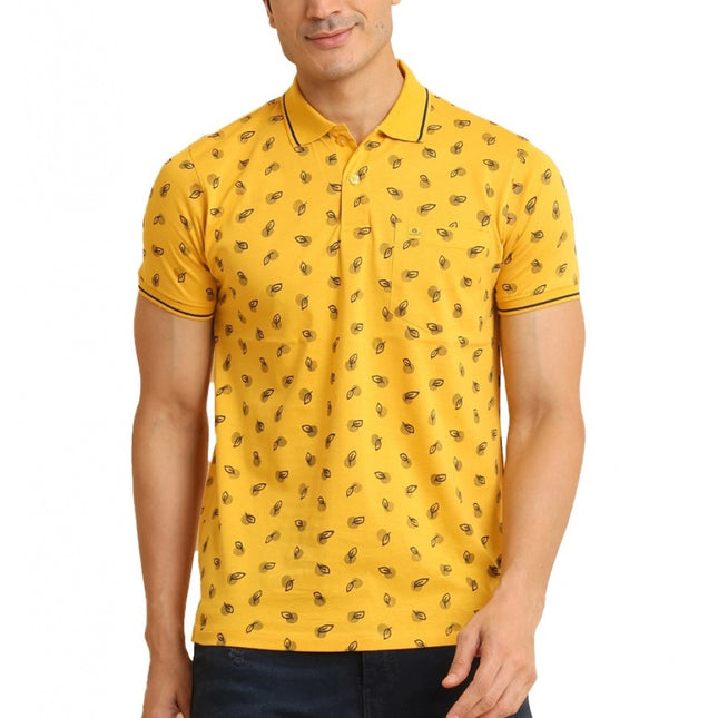 Rosolly Men's Casual Cotton Printed Polo Neck Half Sleeve T-Shirt (Mustard)