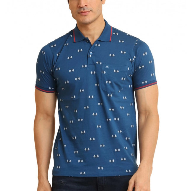Rosolly Men's Casual Cotton Printed Polo Neck Half Sleeve T-Shirt (Blue)
