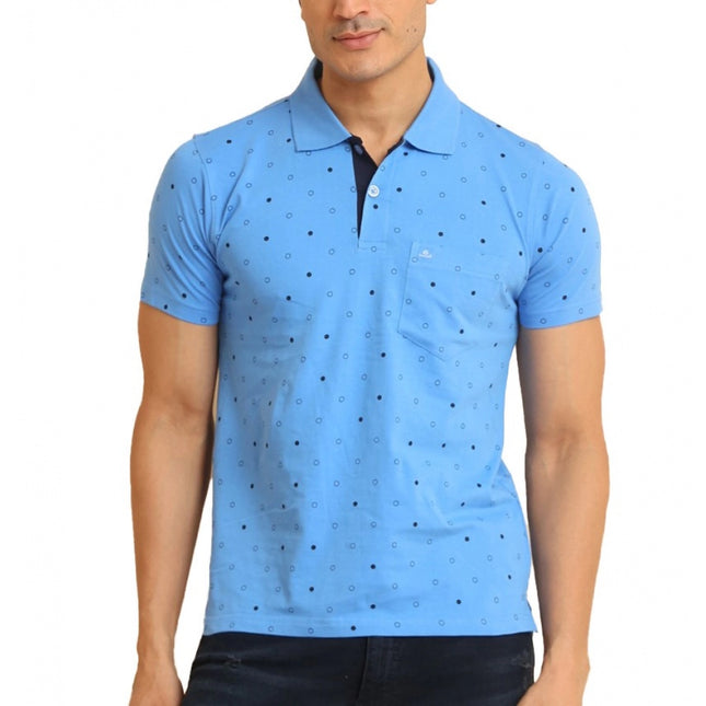 Rosolly Men's Casual Cotton Printed Polo Neck Half Sleeve T-Shirt (Blue)