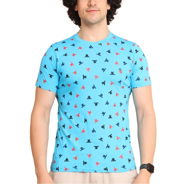 Rosolly Men's Casual Cotton Printed Round Neck Half Sleeve T-Shirt (Skyblue)
