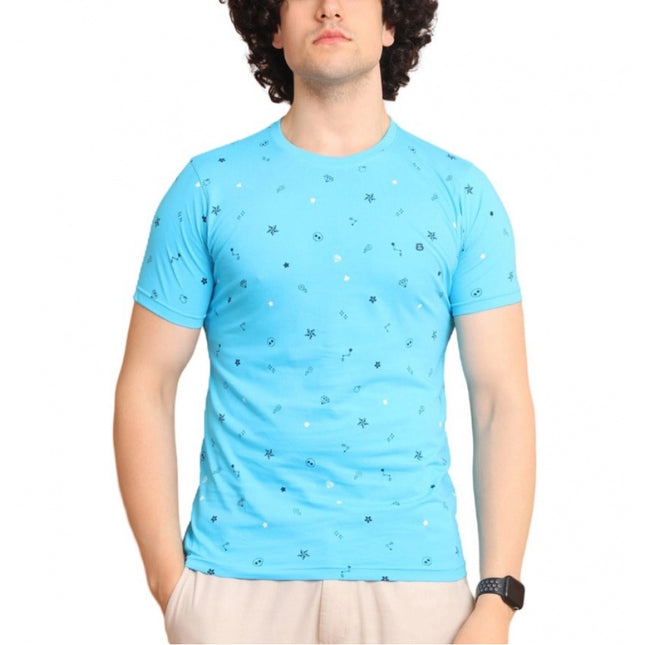 Rosolly Men's Casual Cotton Printed Round Neck Half Sleeve T-Shirt (Skyblue)
