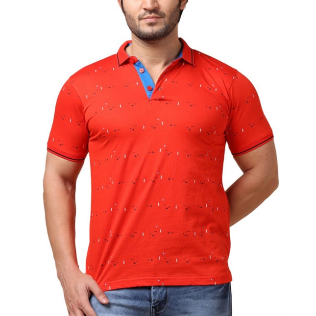 Rosolly Men's Casual Cotton Printed Polo Neck Half Sleeve T-Shirt (Red)
