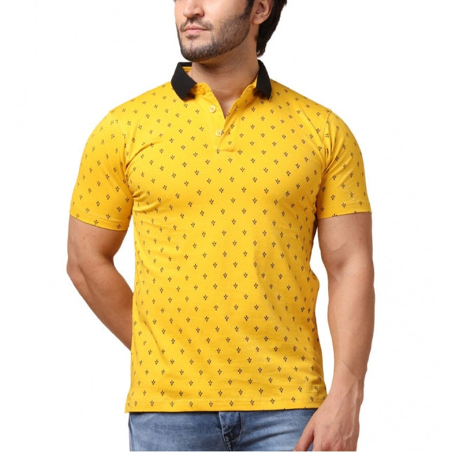 Rosolly Men's Casual Cotton Printed Polo Neck Half Sleeve T-Shirt (Yellow)