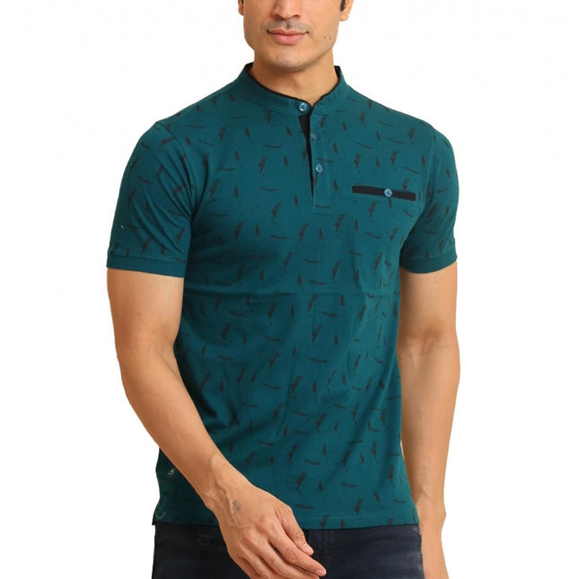 Rosolly Men's Casual Cotton Printed Mandarin Collar Half Sleeve T-Shirt (Green)