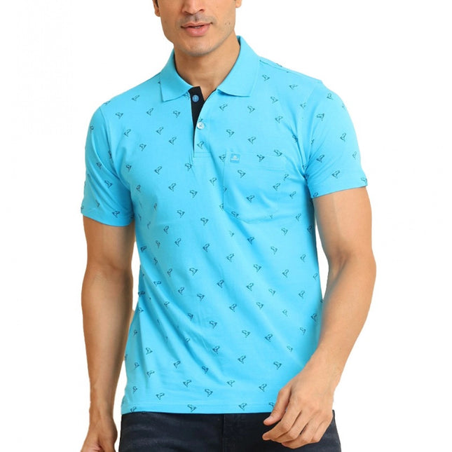 Rosolly Men's Casual Cotton Printed Polo Neck Half Sleeve T-Shirt (Skyblue)