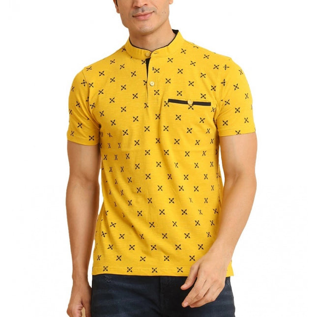 Rosolly Men's Casual Cotton Printed Mandarin Collar Half Sleeve T-Shirt (Mustard)