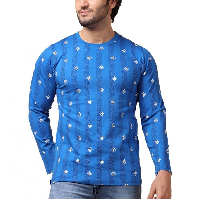 Rosolly Men's Casual Cotton Printed Round Neck Full Sleeve T-Shirt (Blue)