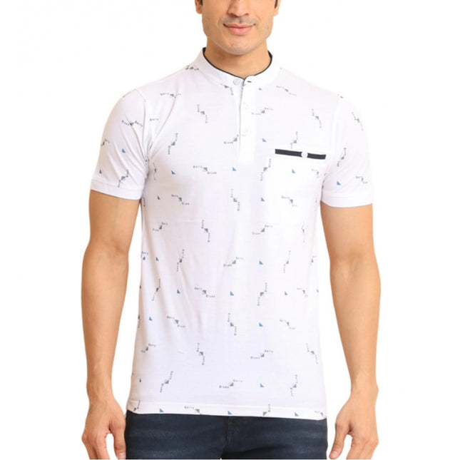 Rosolly Men's Casual Cotton Printed Mandarin Collar Half Sleeve T-Shirt (White)