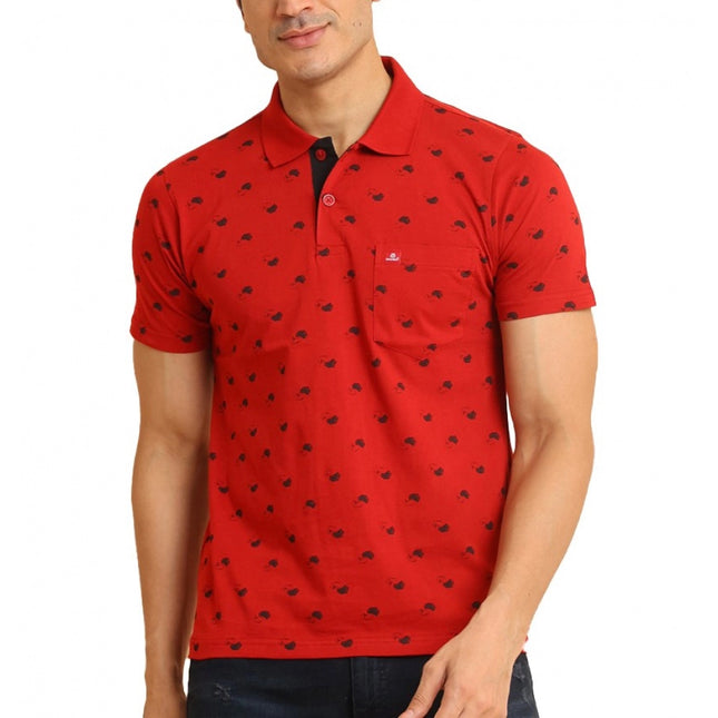 Rosolly Men's Casual Cotton Printed Polo Neck Half Sleeve T-Shirt (Red)