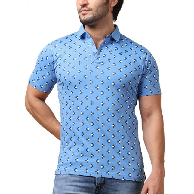 Rosolly Men's Casual Cotton Printed Polo Neck Half Sleeve T-Shirt (Blue)