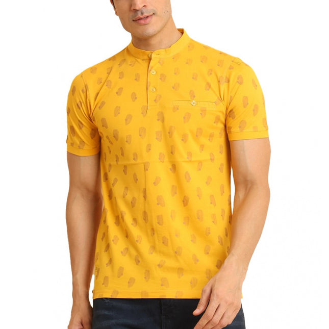 Rosolly Men's Casual Cotton Printed Mandarin Collar Half Sleeve T-Shirt (Mustard)
