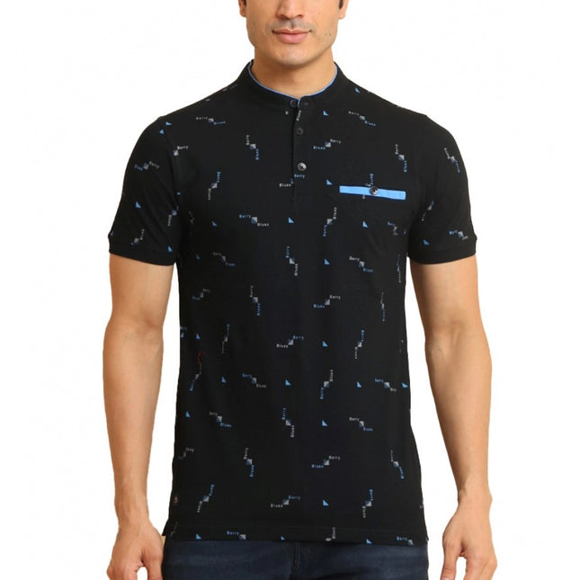 Rosolly Men's Casual Cotton Printed Mandarin Collar Half Sleeve T-Shirt (Navy)
