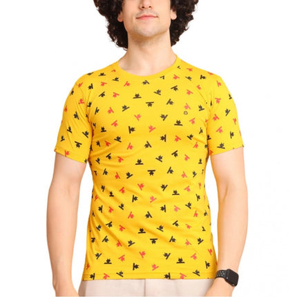 Rosolly Men's Casual Cotton Printed Round Neck Half Sleeve T-Shirt (Yellow)