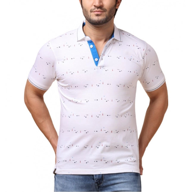 Rosolly Men's Casual Cotton Printed Polo Neck Half Sleeve T-Shirt (White)