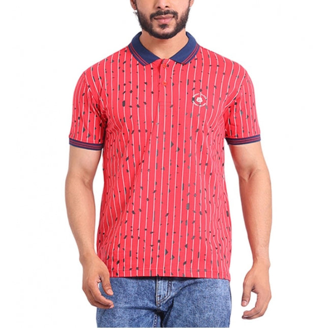 Rosolly Men's Casual Cotton Printed Polo Neck Half Sleeve T-Shirt (Red)