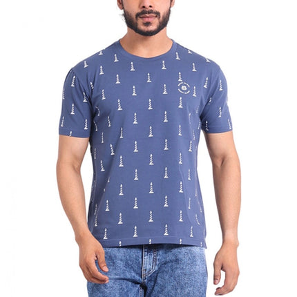 Rosolly Men's Casual Cotton Printed Round Neck Half Sleeve T-Shirt (Blue)