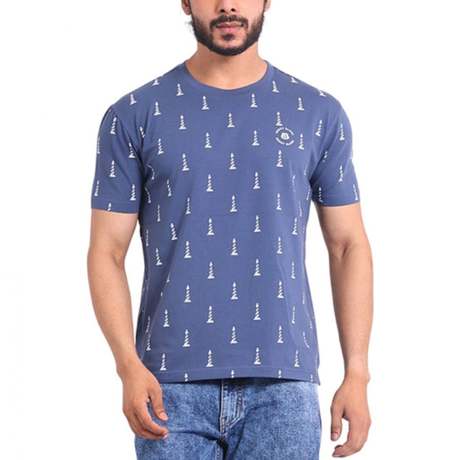 Rosolly Men's Casual Cotton Printed Round Neck Half Sleeve T-Shirt (Blue)