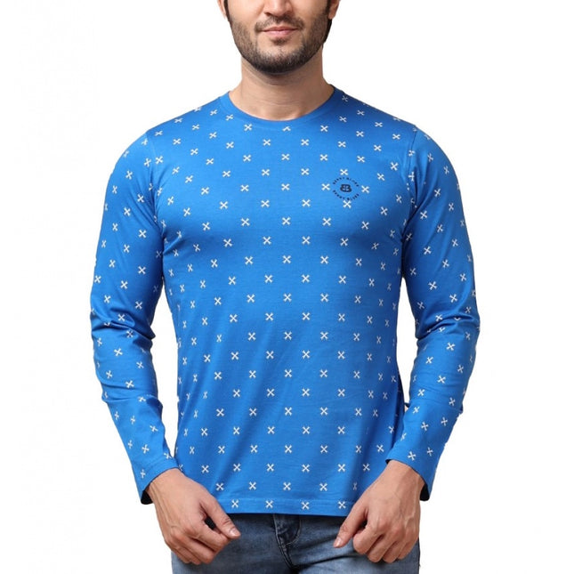 Rosolly Men's Casual Cotton Printed Round Neck Full Sleeve T-Shirt (Blue)