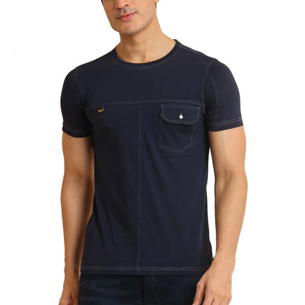 Rosolly Men's Casual Cotton Solid Round Neck Half Sleeve T-Shirt (Navy)