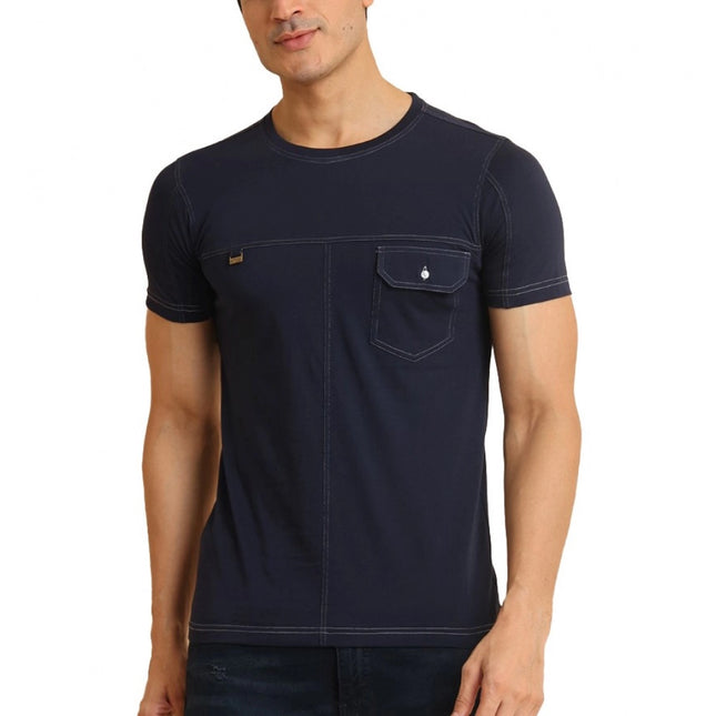 Rosolly Men's Casual Cotton Solid Round Neck Half Sleeve T-Shirt (Navy)