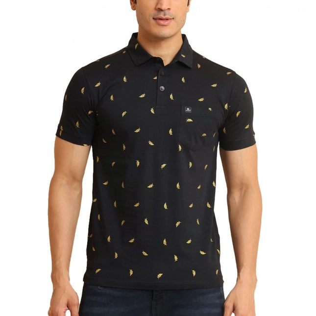 Rosolly Men's Casual Cotton Printed Polo Neck Half Sleeve T-Shirt (Black)