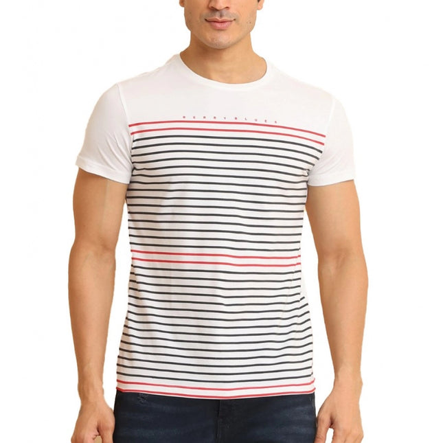 Rosolly Men's Casual Cotton Printed Round Neck Half Sleeve T-Shirt (White)