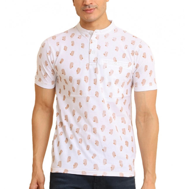 Rosolly Men's Casual Cotton Printed Mandarin Collar Half Sleeve T-Shirt (White)
