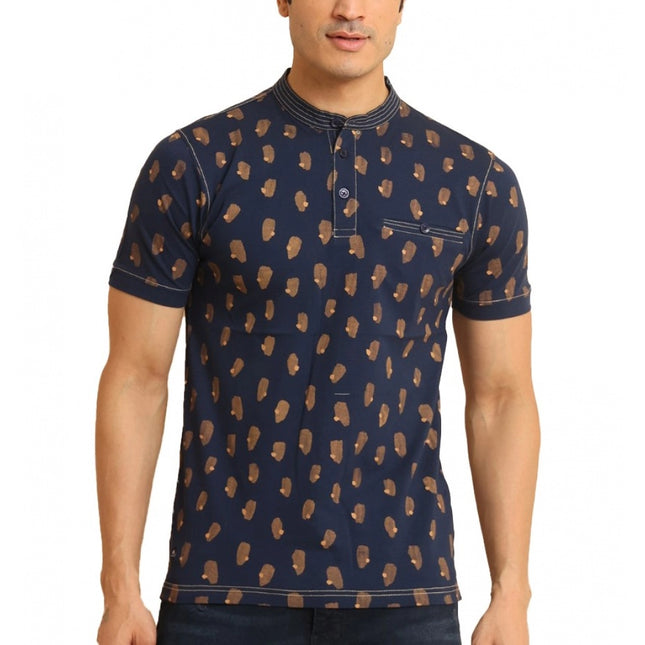 Rosolly Men's Casual Cotton Printed Mandarin Collar Half Sleeve T-Shirt (Navy)
