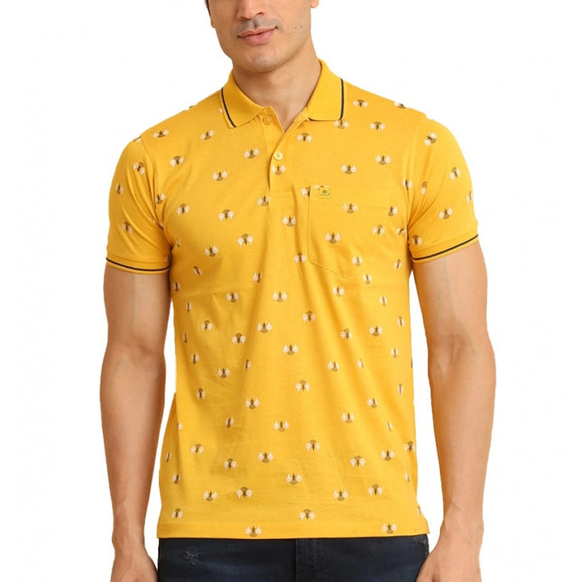 Rosolly Men's Casual Cotton Printed Polo Neck Half Sleeve T-Shirt (Mustard)