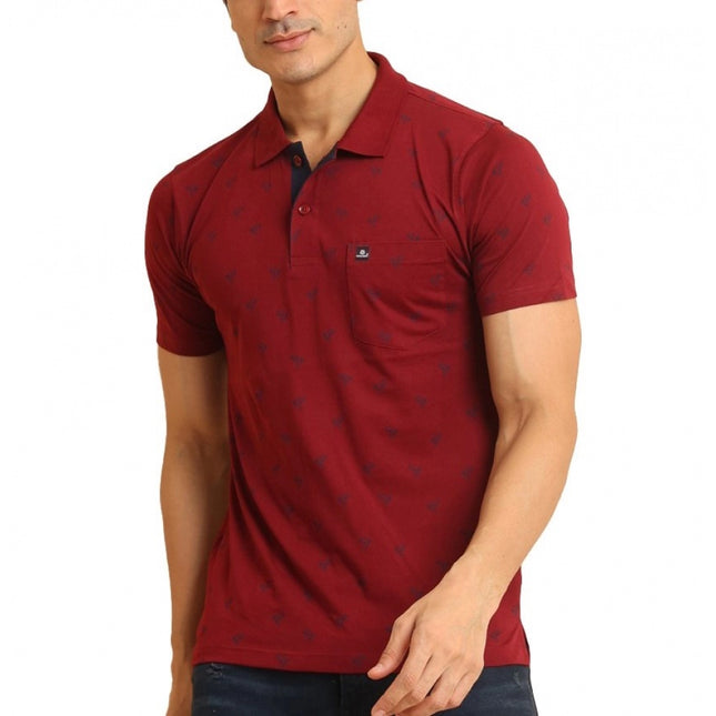 Rosolly Men's Casual Cotton Printed Polo Neck Half Sleeve T-Shirt (Red)