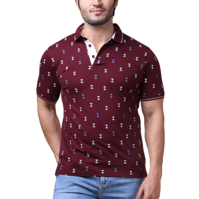 Rosolly Men's Casual Cotton Printed Polo Neck Half Sleeve T-Shirt (Plum)