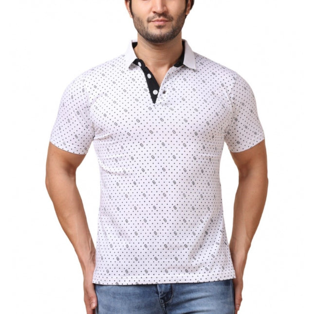 Rosolly Men's Casual Cotton Printed Polo Neck Half Sleeve T-Shirt (White)