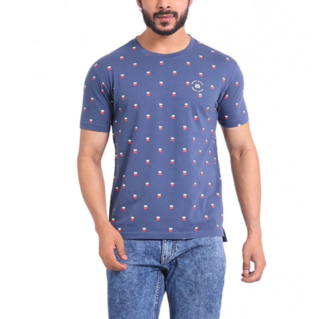 Rosolly Men's Casual Cotton Printed Round Neck Half Sleeve T-Shirt (Blue)