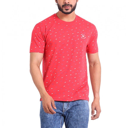 Rosolly Men's Casual Cotton Printed Round Neck Half Sleeve T-Shirt (Red)