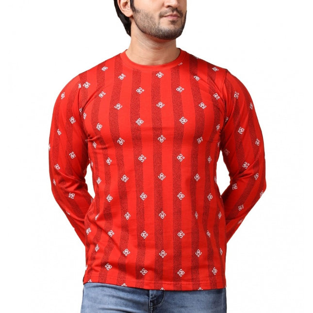 Rosolly Men's Casual Cotton Printed Round Neck Full Sleeve T-Shirt (Red)