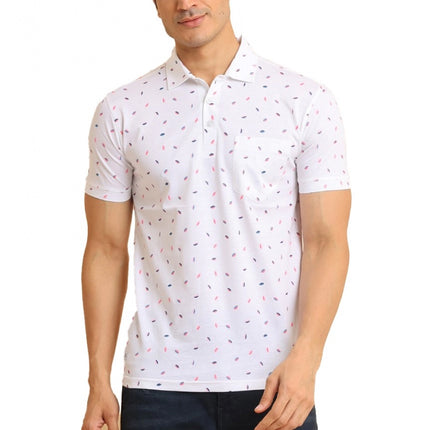 Rosolly Men's Casual Cotton Printed Polo Neck Half Sleeve T-Shirt (White)
