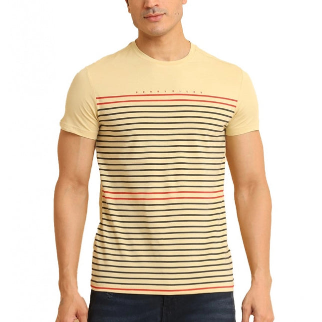 Rosolly Men's Casual Cotton Printed Round Neck Half Sleeve T-Shirt (Beige)