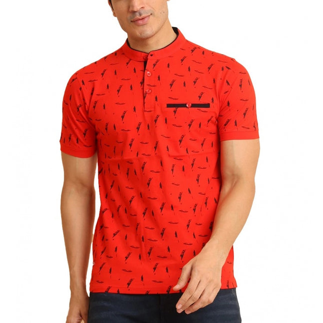 Rosolly Men's Casual Cotton Printed Mandarin Collar Half Sleeve T-Shirt (Red)