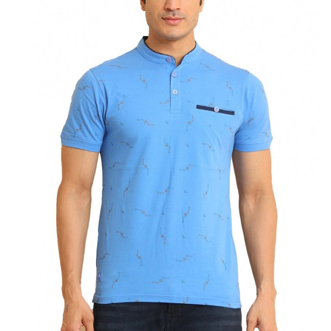 Rosolly Men's Casual Cotton Printed Mandarin Collar Half Sleeve T-Shirt (LightBlue)