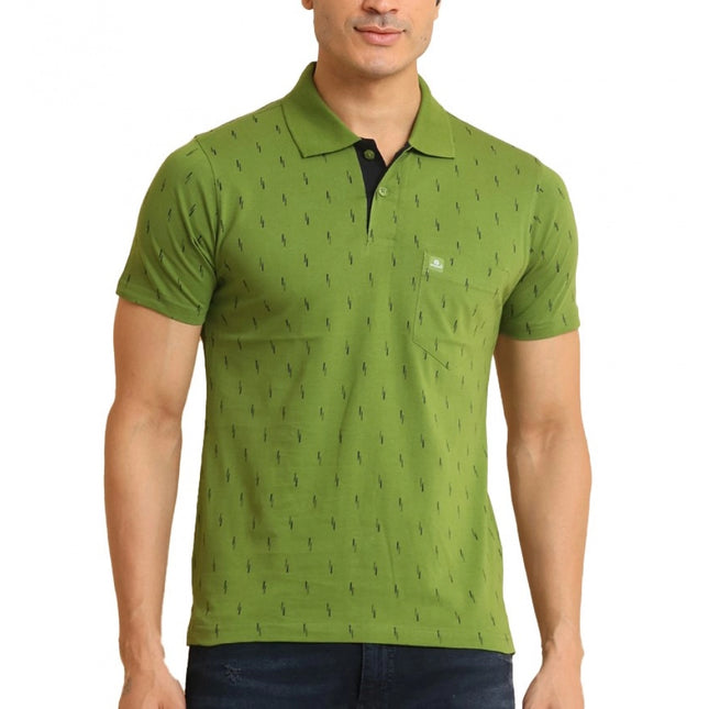 Rosolly Men's Casual Cotton Printed Polo Neck Half Sleeve T-Shirt (Green)