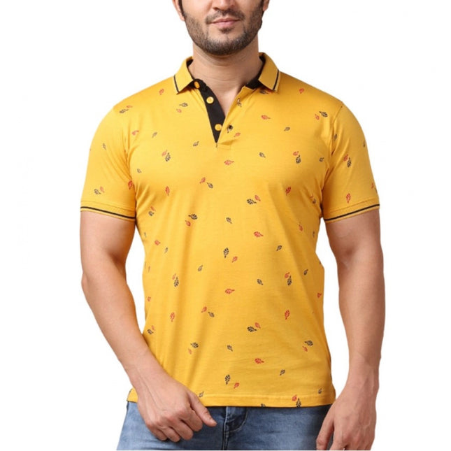 Rosolly Men's Casual Cotton Printed Polo Neck Half Sleeve T-Shirt (Mustard)