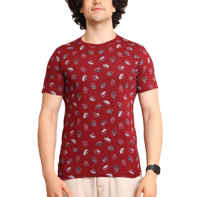 Rosolly Men's Casual Cotton Printed Round Neck Half Sleeve T-Shirt (Maroon)