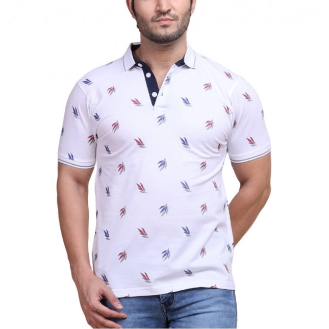 Rosolly Men's Casual Cotton Printed Polo Neck Half Sleeve T-Shirt (White)