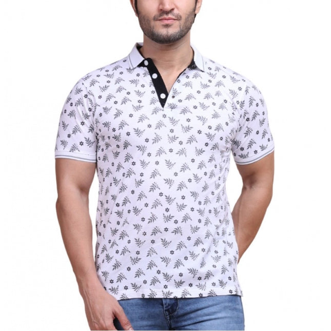 Rosolly Men's Casual Cotton Printed Polo Neck Half Sleeve T-Shirt (White)